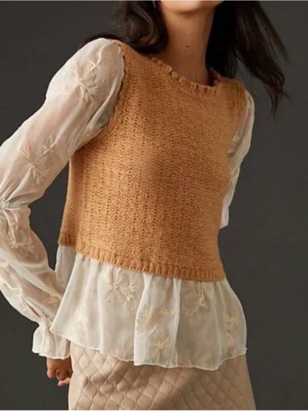 Anthropologie Layered Sweater Vest Blouse Tan White Sheer Floral Women's XS
